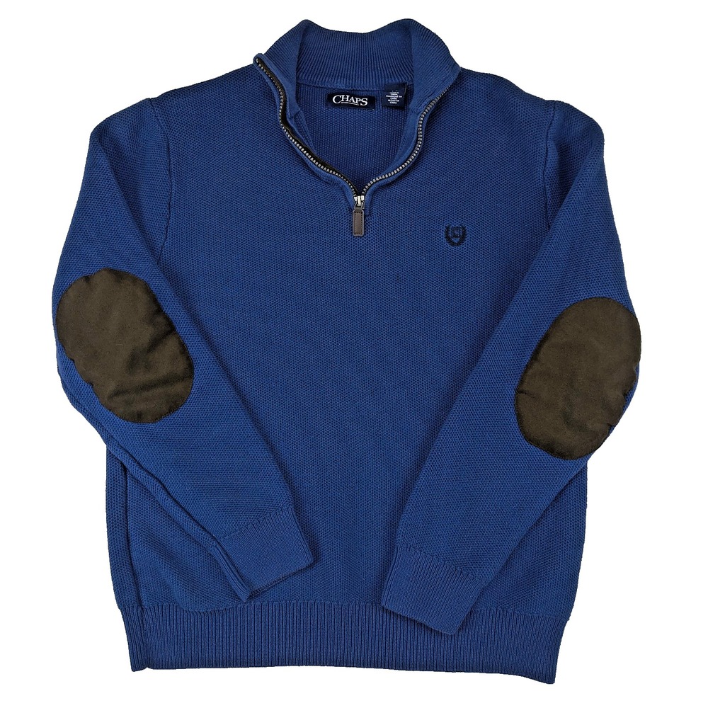 Chaps Mens Large Blue Cotton Quarter Zip Pullover Sweater‎ with Elbow Patches
